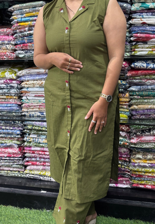 STRAIGHT KURTI WITH PLAZO (FLEX COTTON, WORK, 3/4 SLEEVE ATTACHED)