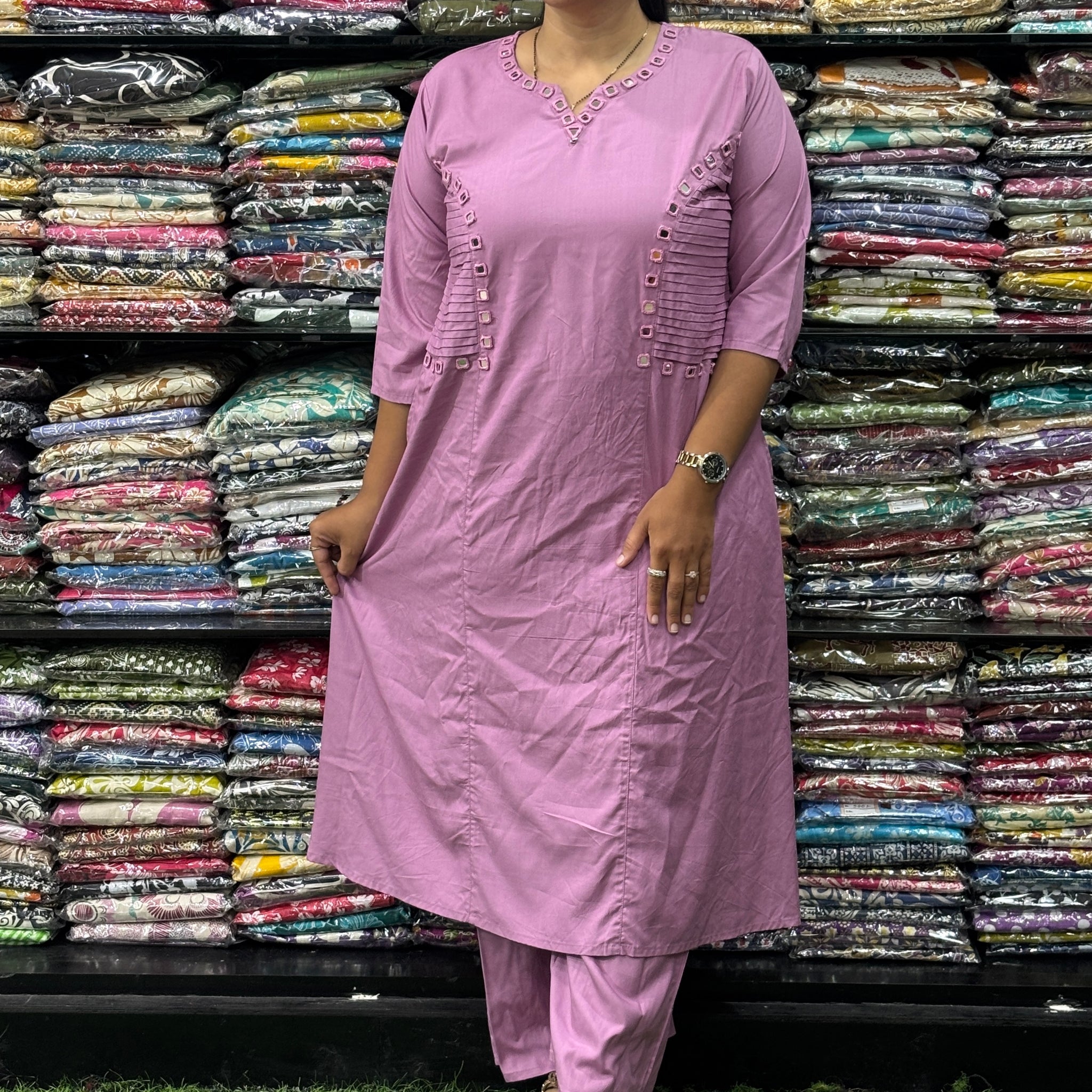 ALINE KURTI WITH PLAZO (HEAVY 22KG RAYON, MIRROR WORK)