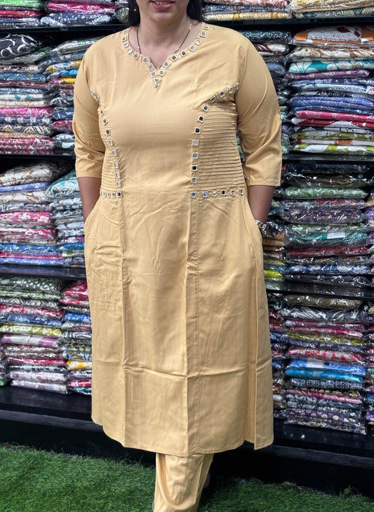 ALINE KURTI WITH PLAZO (HEAVY 22KG RAYON, MIRROR WORK)