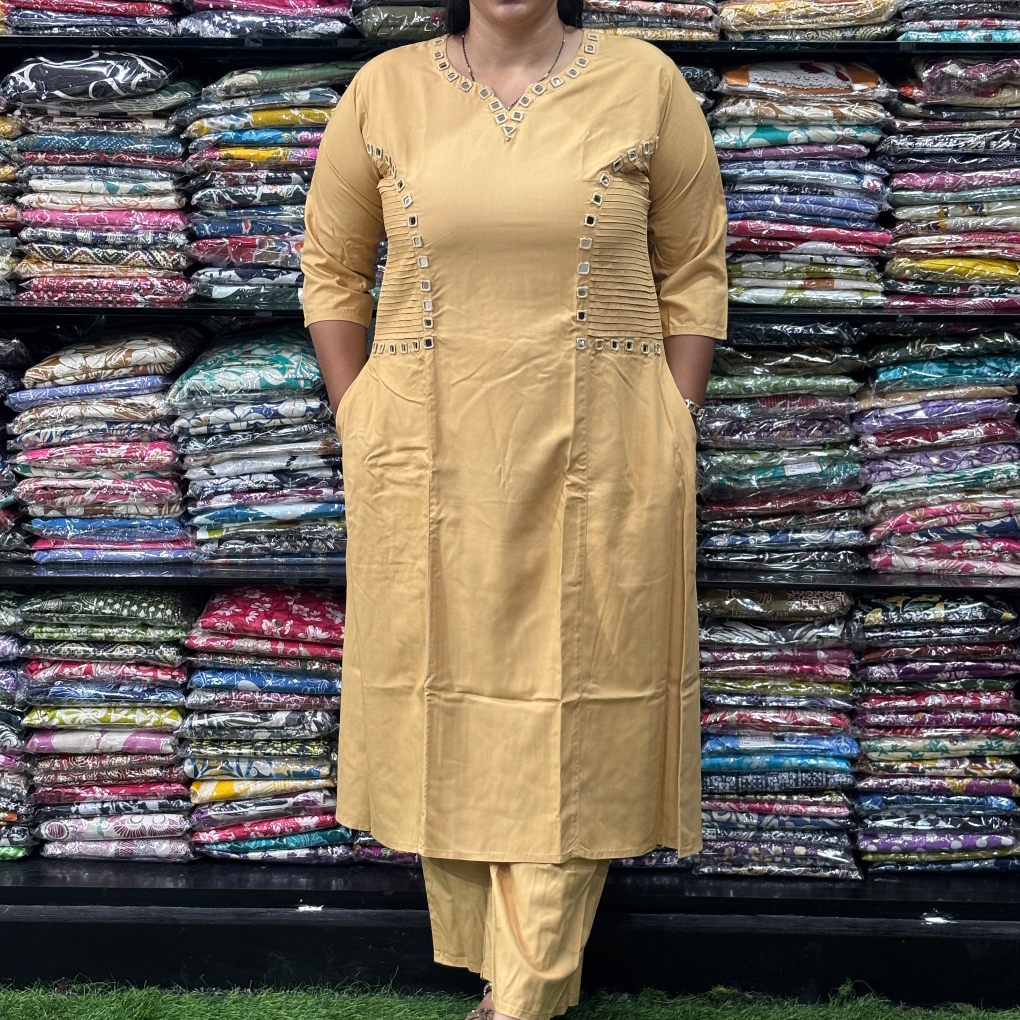 ALINE KURTI WITH PLAZO (HEAVY 22KG RAYON, MIRROR WORK)