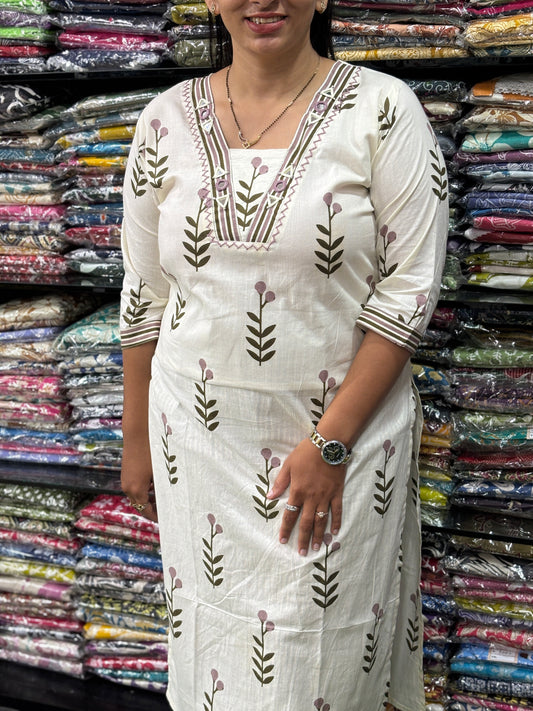 STRAIGHT KURTI WITH PANT (PURE CAMRIC COTTON,HANDWORK,HALF LINING)