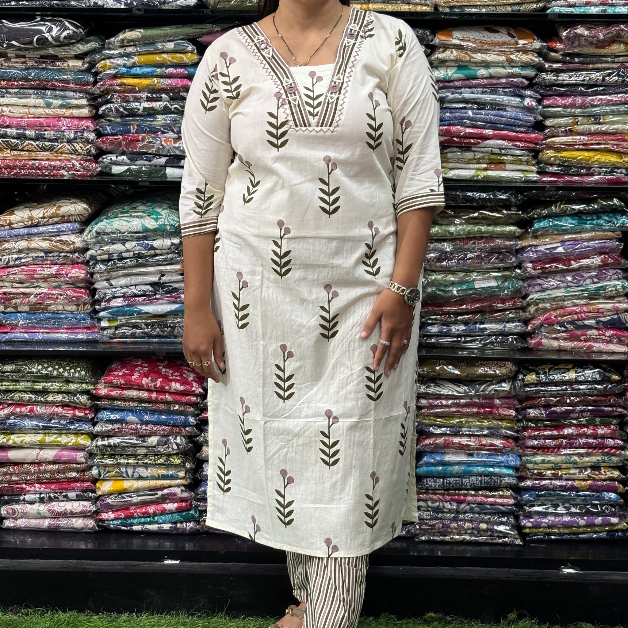 STRAIGHT KURTI WITH PANT (PURE CAMRIC COTTON,HANDWORK,HALF LINING)