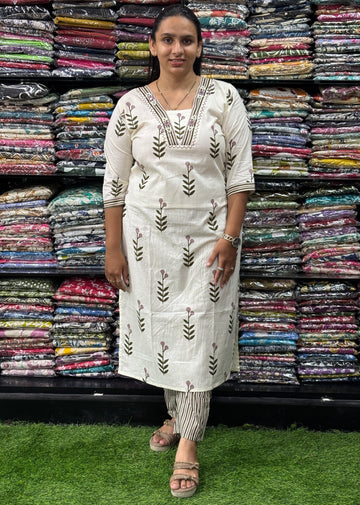 STRAIGHT KURTI WITH PANT (PURE CAMRIC COTTON,HANDWORK,HALF LINING)