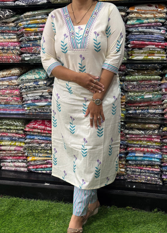 STRAIGHT KURTI WITH PANT (PURE CAMRIC COTTON,HANDWORK,HALF LINING)