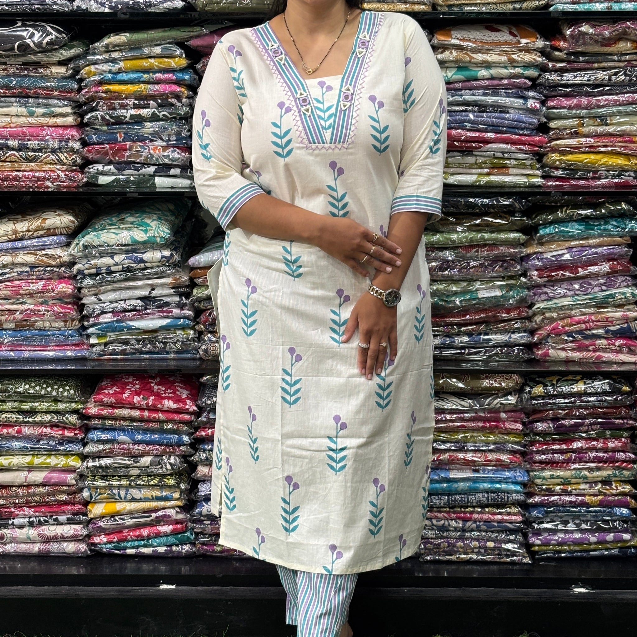 STRAIGHT KURTI WITH PANT (PURE CAMRIC COTTON,HANDWORK,HALF LINING)