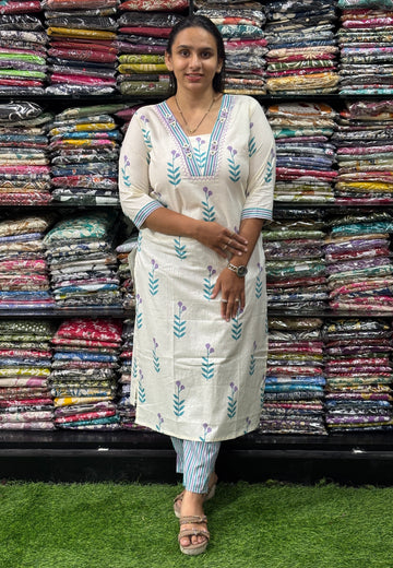 STRAIGHT KURTI WITH PANT (PURE CAMRIC COTTON,HANDWORK,HALF LINING)