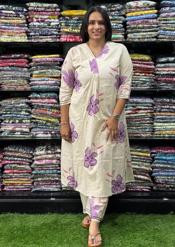 ALINE KURTI-PLAZO (PURE CAMRIC COTTON,V-NECK WORK,HALF INNER)