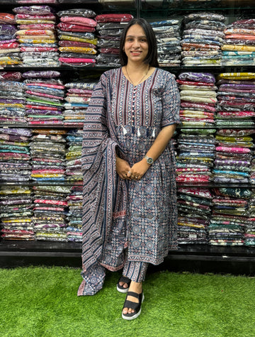 ALINE KURTI PANT WITH DUPATTA (PURE CAMRIC COTTON,HANDWORK)