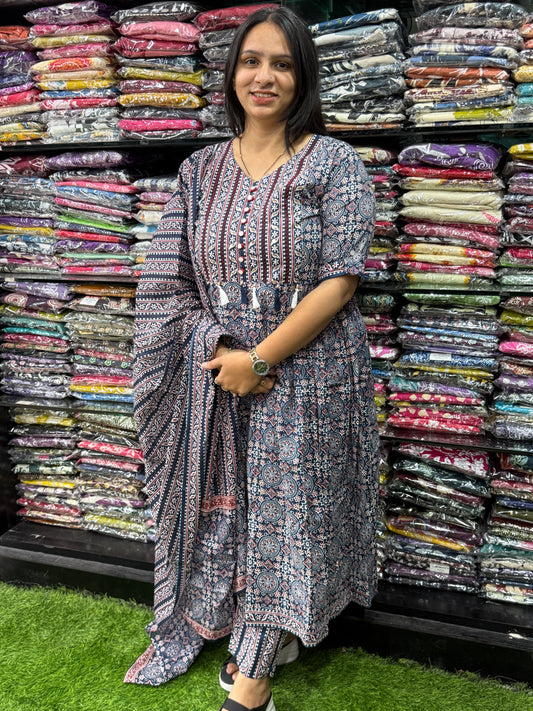 ALINE KURTI PANT WITH DUPATTA (PURE CAMRIC COTTON,HANDWORK)