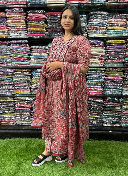 ALINE KURTI PANT WITH DUPATTA (PURE CAMRIC COTTON,HANDWORK)