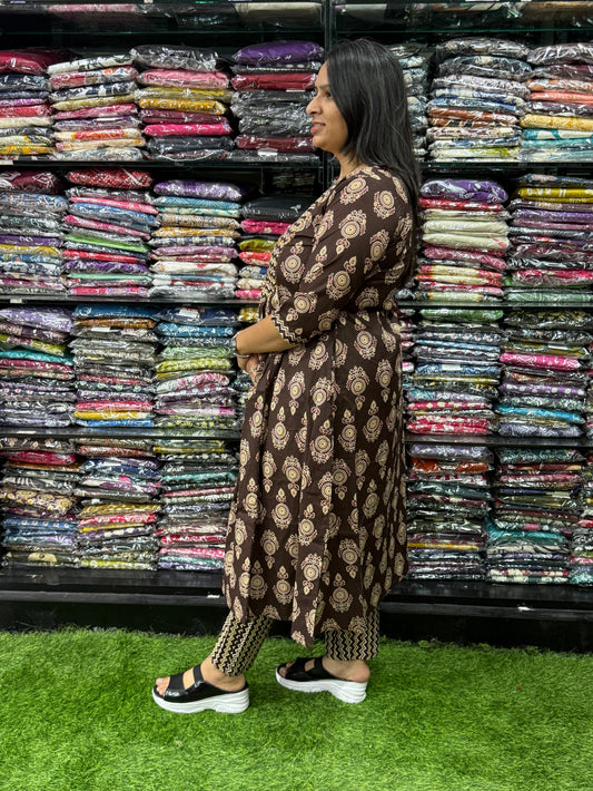 ROUND KURTI WITH PANT (PURE CAMRIC COTTON,HAND WORK)