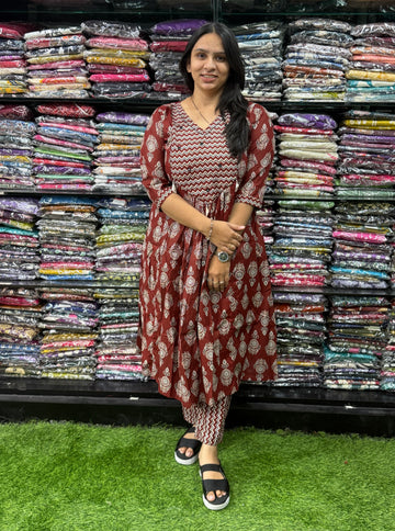 ROUND KURTI WITH PANT (PURE CAMRIC COTTON,HAND WORK)