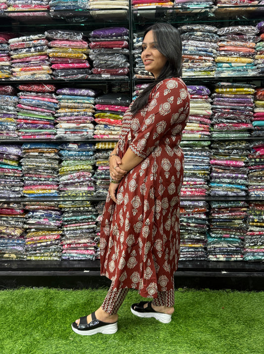 ROUND KURTI WITH PANT (PURE CAMRIC COTTON,HAND WORK)