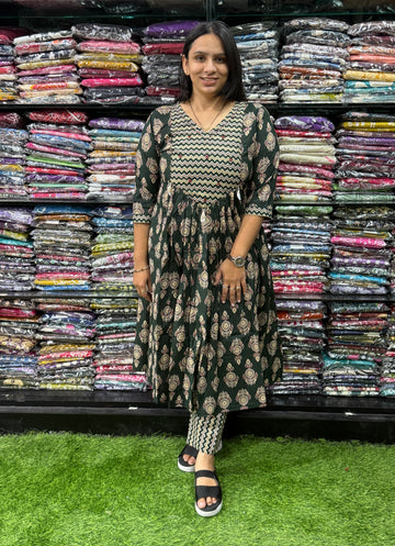 ROUND KURTI WITH PANT (PURE CAMRIC COTTON,HAND WORK)