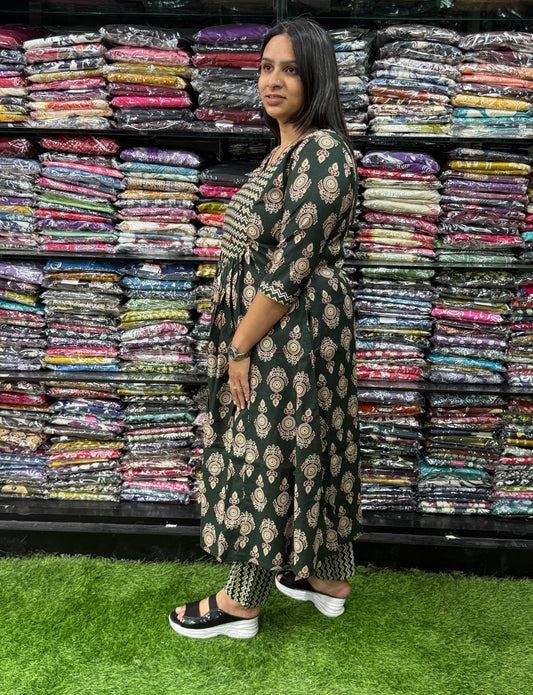 ROUND KURTI WITH PANT (PURE CAMRIC COTTON,HAND WORK)