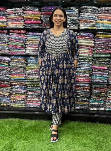 ROUND KURTI WITH PANT (PURE CAMRIC COTTON,HAND WORK)