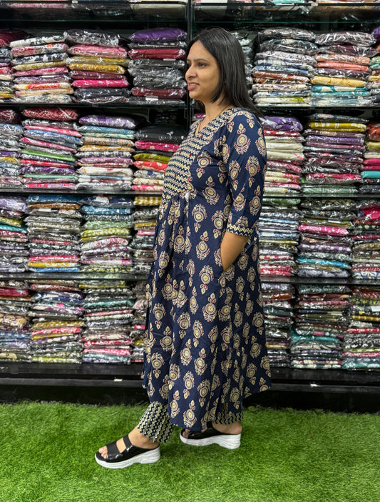 ROUND KURTI WITH PANT (PURE CAMRIC COTTON,HAND WORK)
