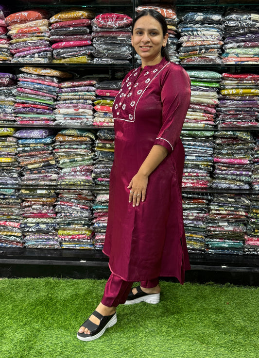 ALINE KURTI WITH PANT (GLASS ROMAN SILK,HANDWORK)