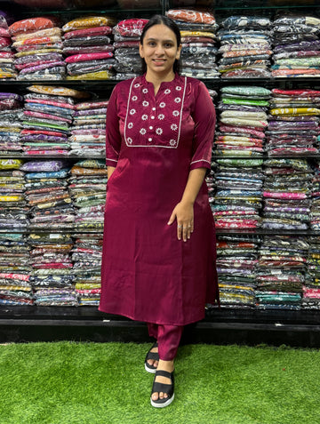 ALINE KURTI WITH PANT (GLASS ROMAN SILK,HANDWORK)