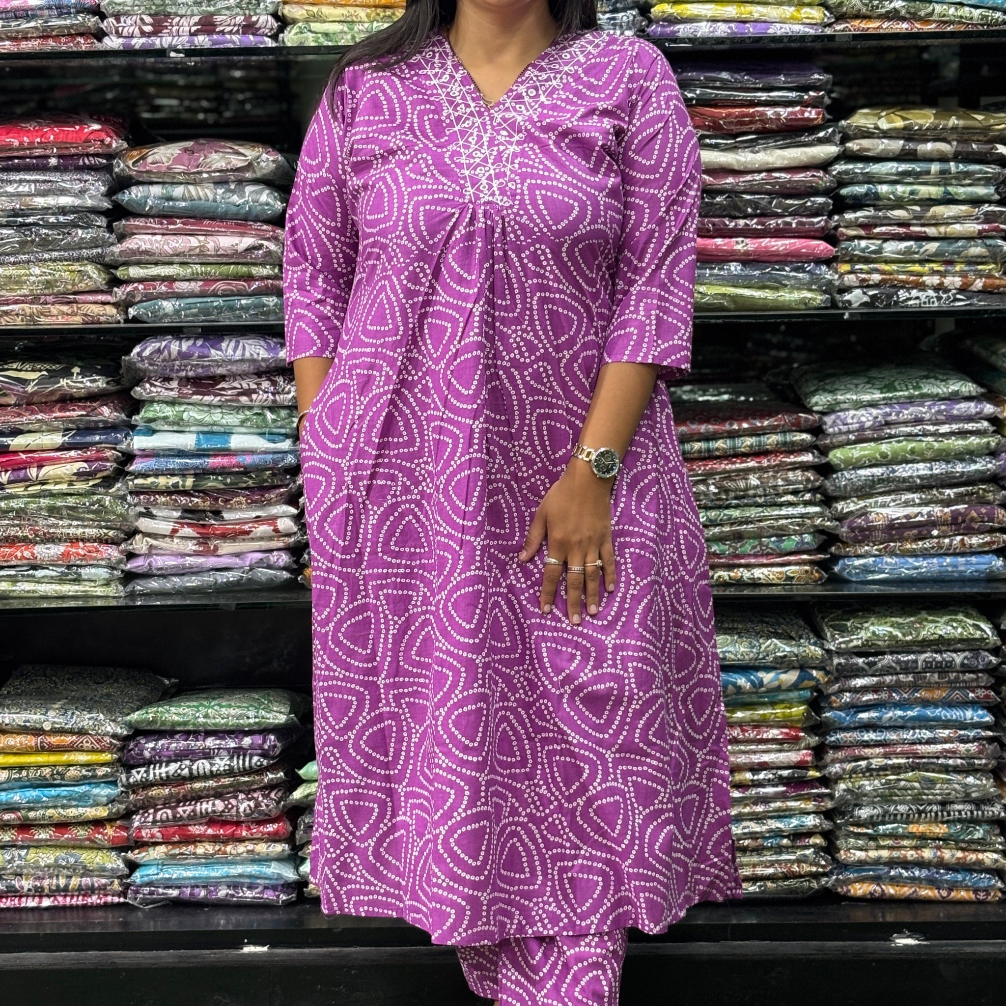 ALINE KURTI-PANT (PURE CAMRIC COTTON,V-NECK WORK)