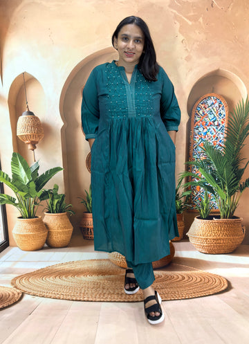 ALINE KURTI WITH PANT (ROMANSILK WITH COTTON LINING) (WITH WORK)