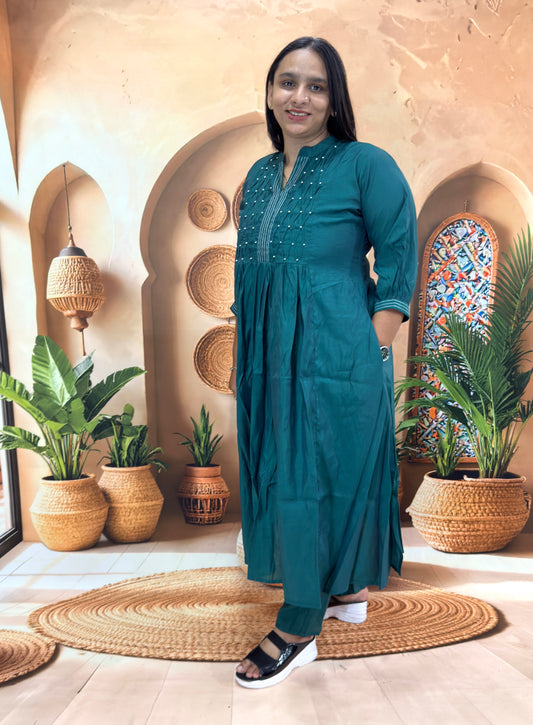 ALINE KURTI WITH PANT (ROMANSILK WITH COTTON LINING) (WITH WORK)