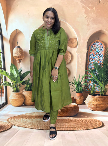 ALINE KURTI WITH PANT (ROMANSILK WITH COTTON LINING) (WITH WORK)