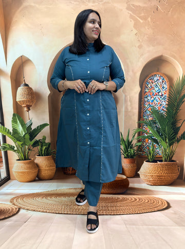 ALINE KURTI WITH PLAZO  (PURE DABHU COTTON , WITH WORK)