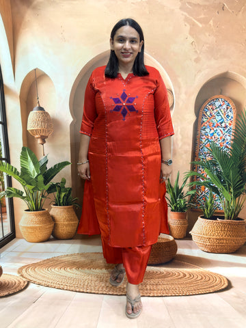 ALINE KURTI WITH PLAZO (GLASS ROMANSILK WITH COTTON LINING) (WITH WORK)