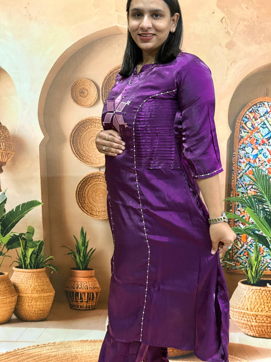 ALINE KURTI WITH PLAZO (GLASS ROMANSILK WITH COTTON LINING) (WITH WORK)