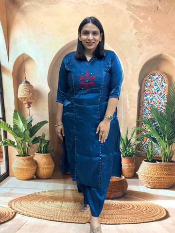 ALINE KURTI WITH PLAZO (GLASS ROMANSILK WITH COTTON LINING) (WITH WORK)