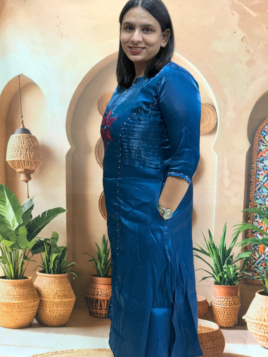 ALINE KURTI WITH PLAZO (GLASS ROMANSILK WITH COTTON LINING) (WITH WORK)