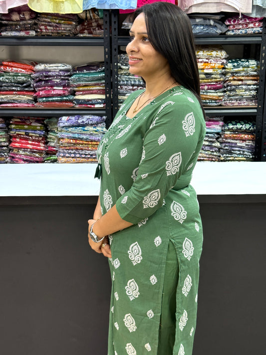 STRAIGHT KURTI PLAZO (DHABU COTTON WITH WORK)