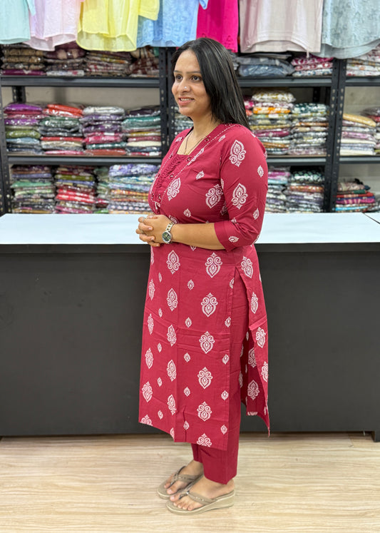 STRAIGHT KURTI PLAZO (DHABU COTTON WITH WORK)