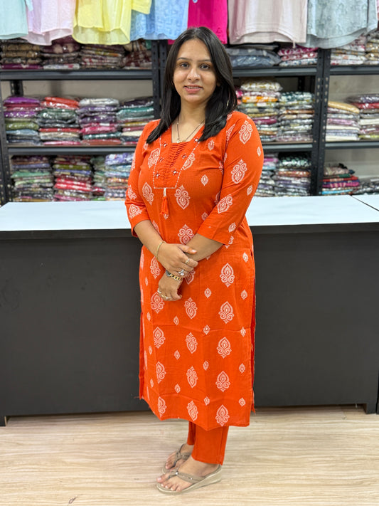 STRAIGHT KURTI PLAZO (DHABU COTTON WITH WORK)