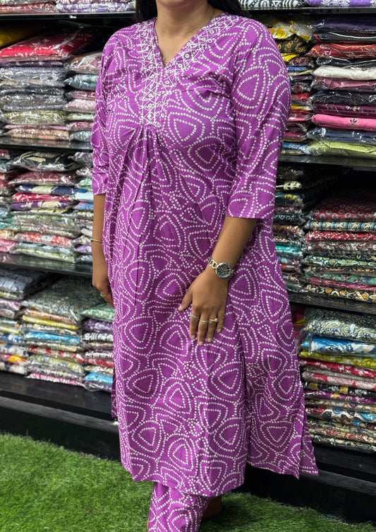 ALINE KURTI-PANT (PURE CAMRIC COTTON,V-NECK WORK)