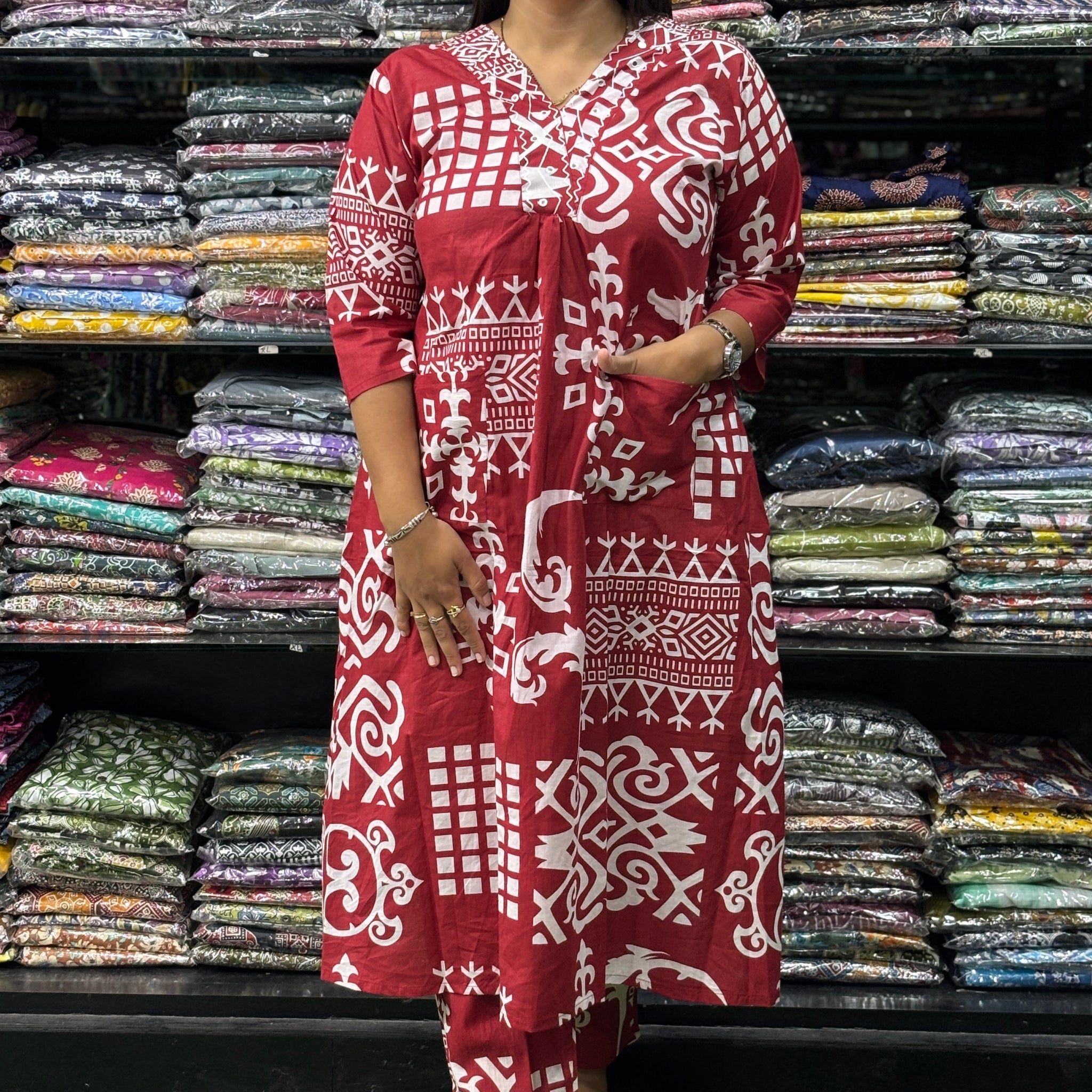 ALINE KURTI-PANT (PURE COTTON,V-NECK,WORK)