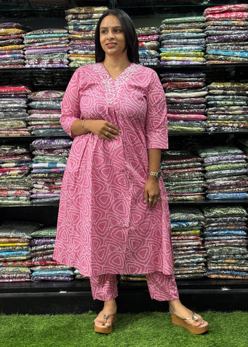 ALINE KURTI-PANT (PURE CAMRIC COTTON,V-NECK WORK)