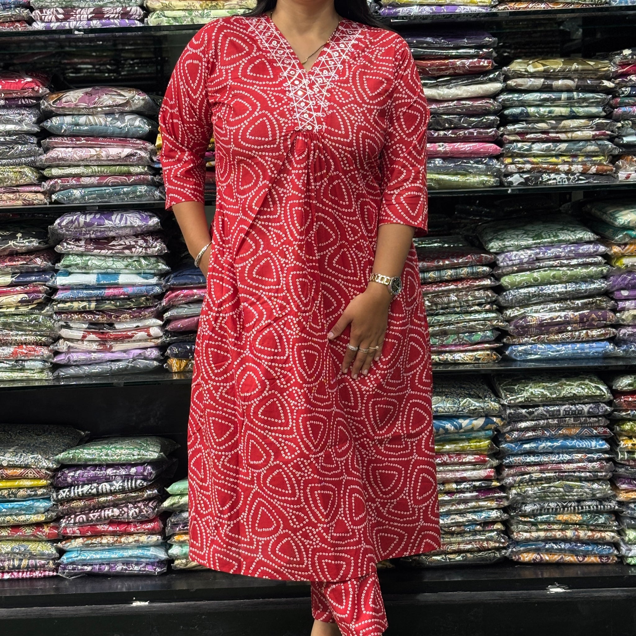 ALINE KURTI-PANT (PURE CAMRIC COTTON,V-NECK WORK)