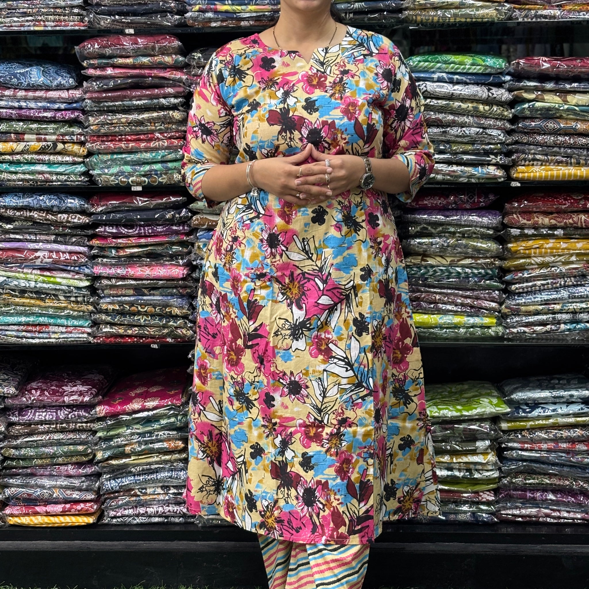 ALINE KURTI-PLAZO (PURE COTTON,ROUND NECK)