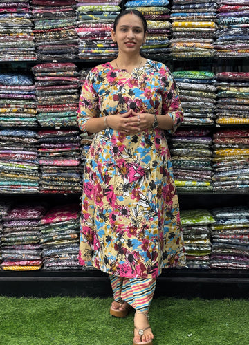 ALINE KURTI-PLAZO (PURE COTTON,ROUND NECK)