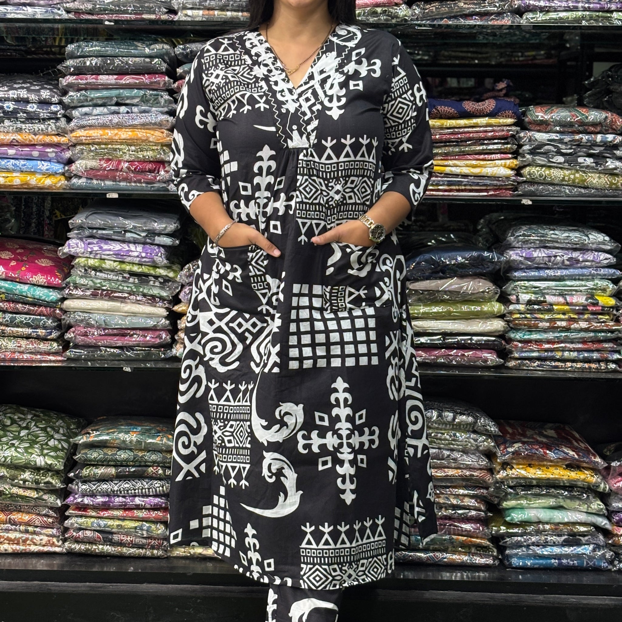 ALINE KURTI-PANT (PURE COTTON,V-NECK,WORK)