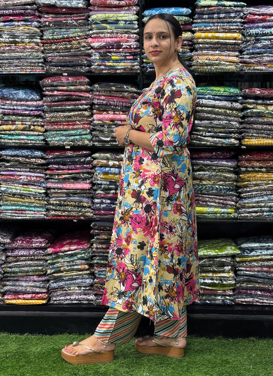 ALINE KURTI-PLAZO (PURE COTTON,ROUND NECK)