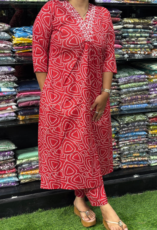 ALINE KURTI-PANT (PURE CAMRIC COTTON,V-NECK WORK)