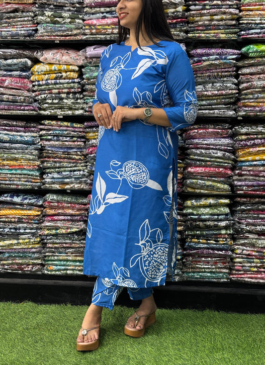 MUSLIN STRAIGHT KURTI WITH PANT ( HALF COTTON LINING)