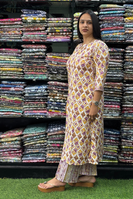 ALINE KURTI-PLAZO (PURE COTTON,ROUND NECK)