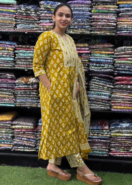 PURE COTTON HANDWORK ALINE KURTI PANT WITH DUPATTA