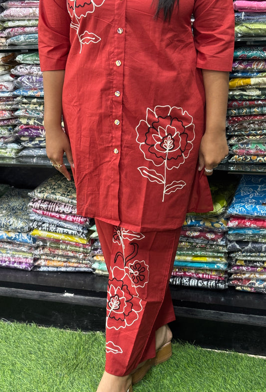 ALINE KURTI-PLAZO (PURE CAMRIC COTTON , HAND EMBROIDERY)