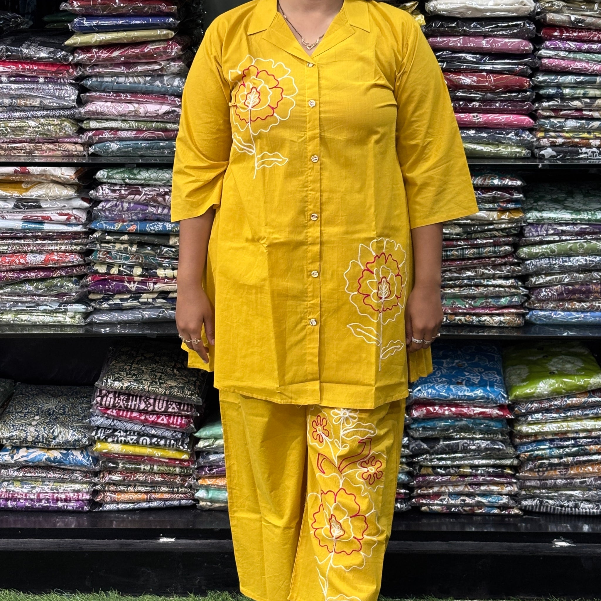 ALINE KURTI-PLAZO (PURE CAMRIC COTTON , HAND EMBROIDERY)