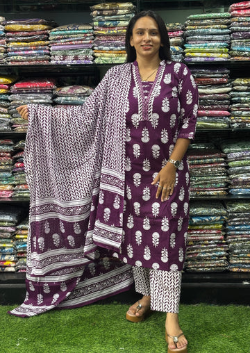 STRAIGHT KURTI-PANT WITH DUPATTA (PURE CAMRIC COTTON)